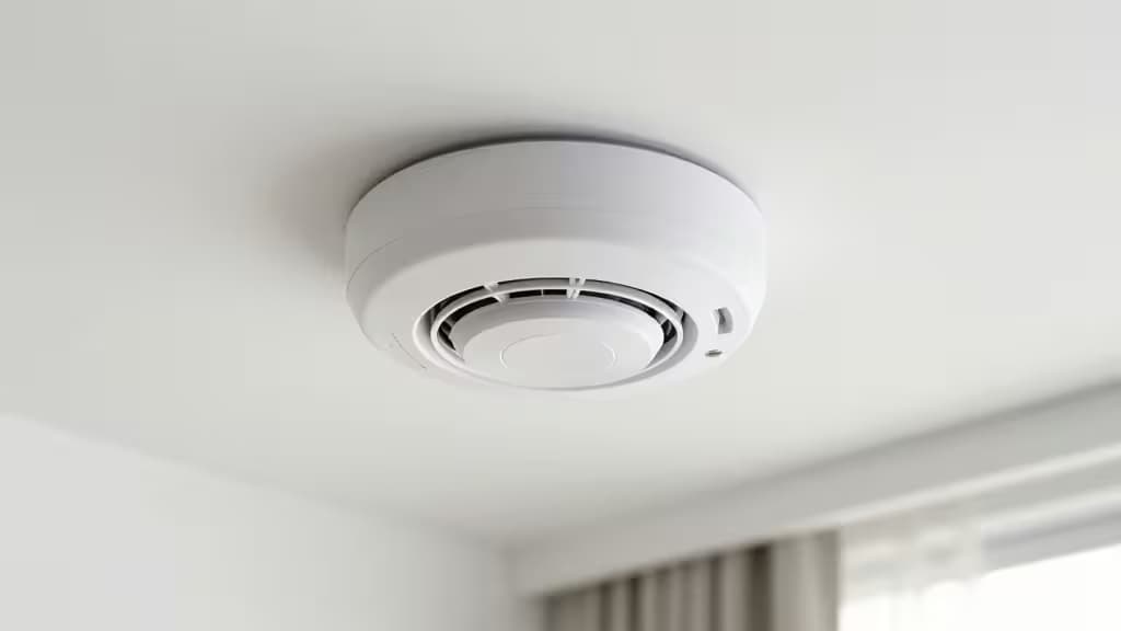 白い天井に取り付けられた円形の煙探知器。センサーの通気孔が見え、ミニマルなデザイン。