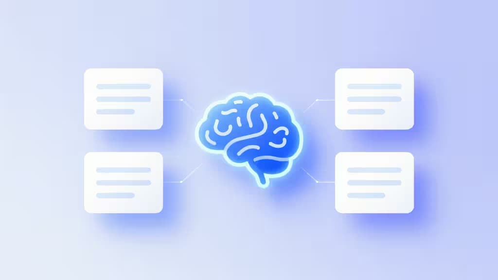 A glowing blue brain icon connects four white document icons on a soft purple gradient background.