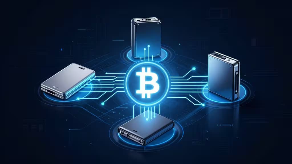 Trois portefeuilles hardware reliés par des lignes de circuit lumineuses autour d'un symbole Bitcoin, illustrant la gouvernance multi-signature pour entreprises