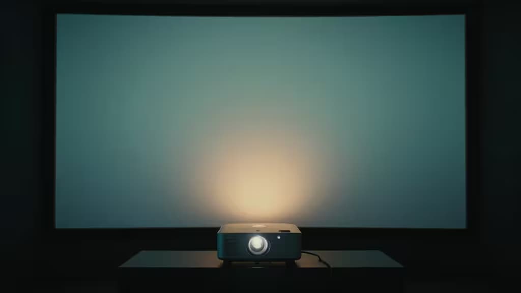 A projector casting warm light onto a blank wall in a darkened home theater room