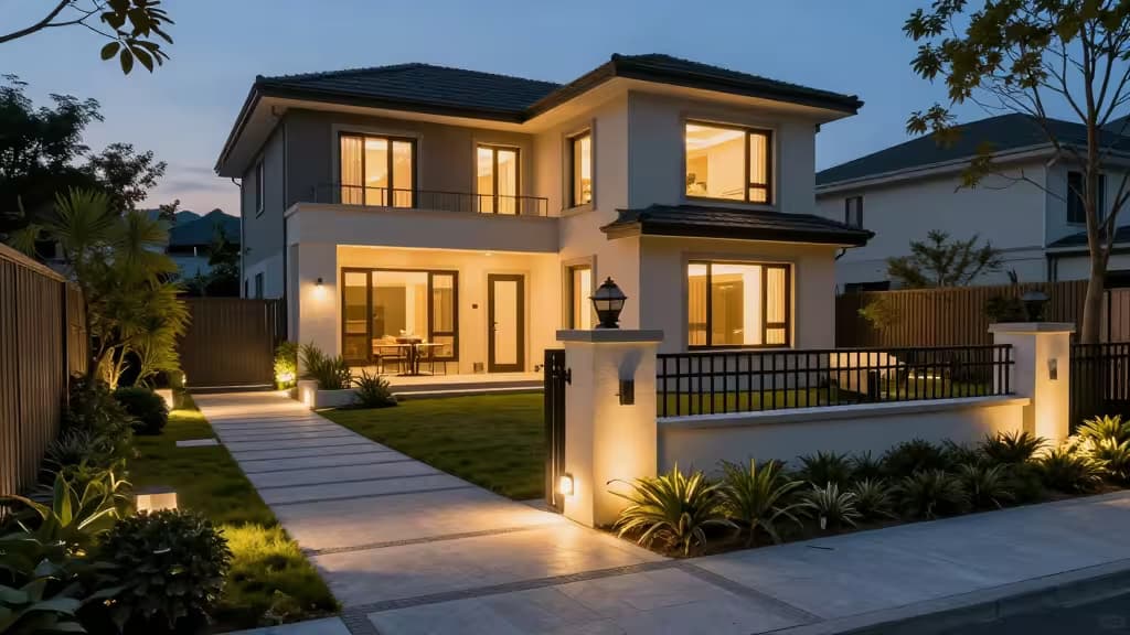 Modern home exterior at dusk with warm landscape lighting illuminating stone pathways and lush greenery.