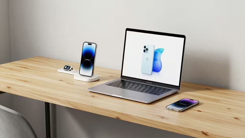 Apple devices on wooden desk showcase seamless ecosystem integration for password management.