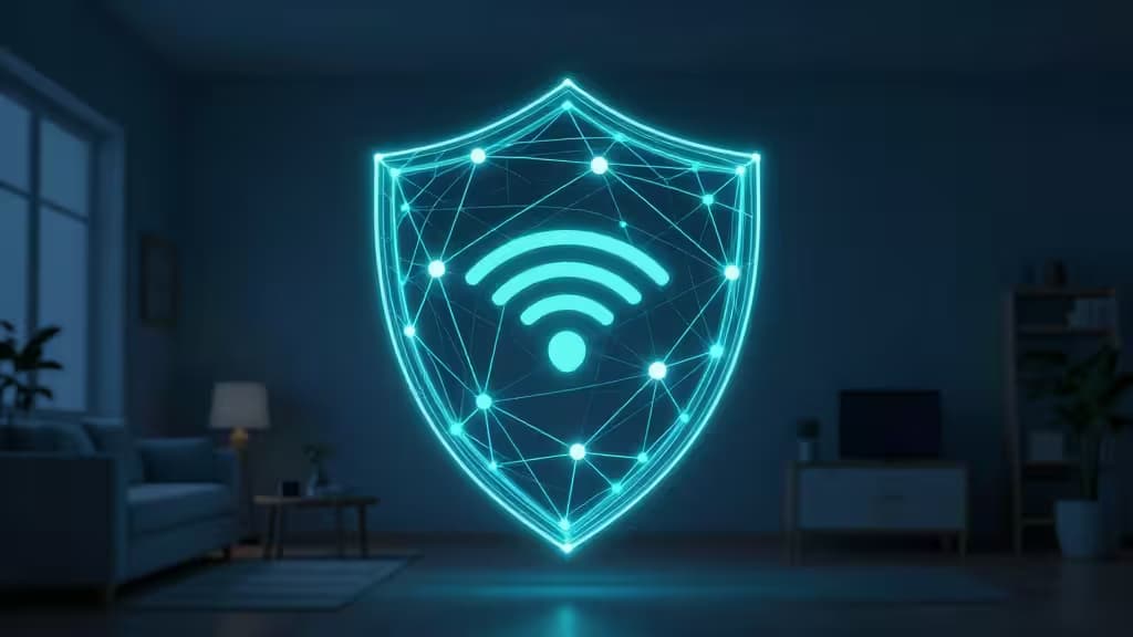Светящийся синий щит с символом Wi-Fi парит в тёмной гостиной, символизируя защиту домашней сети.