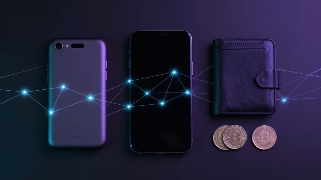 Smartphones, wallet, and Bitcoin coins connected by glowing lines on a dark background.