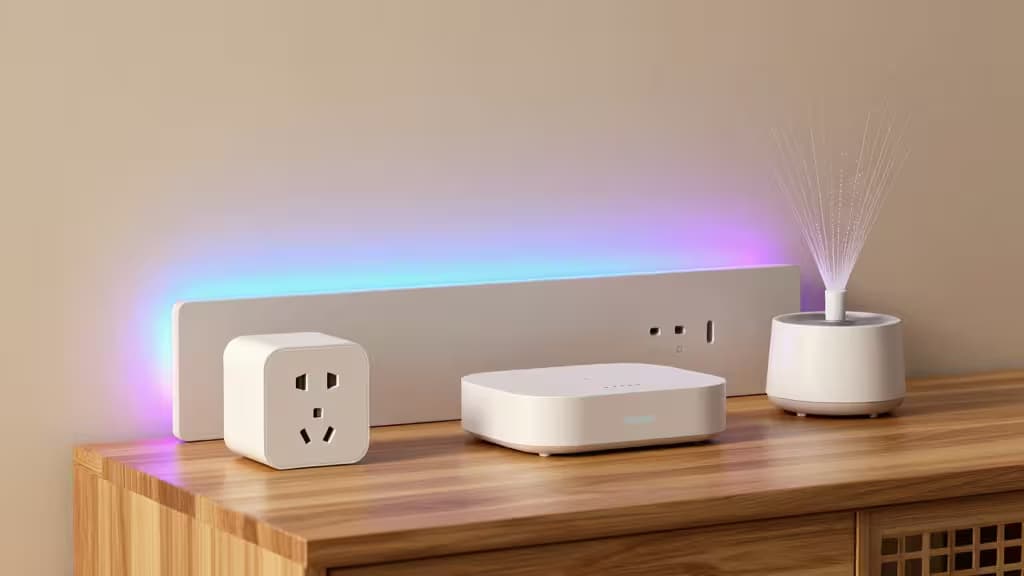 Witte smart plug, hub en sprinklercontroller op hout naast een gloeiende RGB LED-strip.