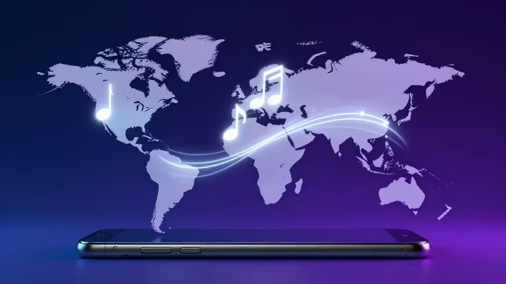 Smartphone projiziert leuchtende Musiknoten über eine Weltkarte, symbolisiert globalen Spotify-Zugang per VPN.