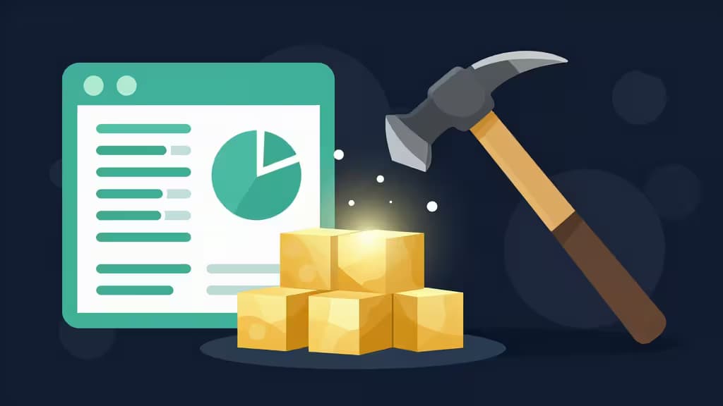 Un pico golpea bloques dorados brillantes junto a un informe fiscal digital que muestra gráficos circulares y líneas de datos.