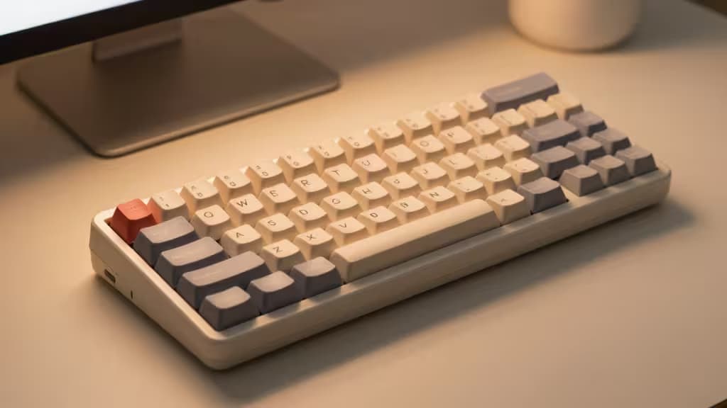 Compact Alice-layout mechanisch toetsenbord met gehoekte, gesplitste toetsen op een minimalistisch bureau naast een monitor.