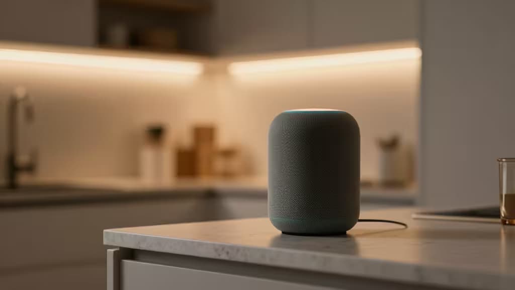 Een strakke slimme speaker staat op een marmeren keukenblad, omgeven door warme sfeerverlichting en moderne keukenkasten.