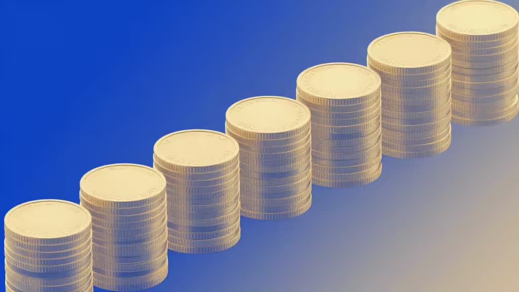 Seven ascending stacks of gold coins climb diagonally across a blue gradient background, symbolizing consistent, automated crypto investment growth.