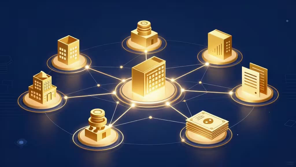 Abstracte illustratie van een blockchain-netwerk dat fysieke activa zoals onroerend goed en obligaties verbindt, in blauwe en gouden tinten