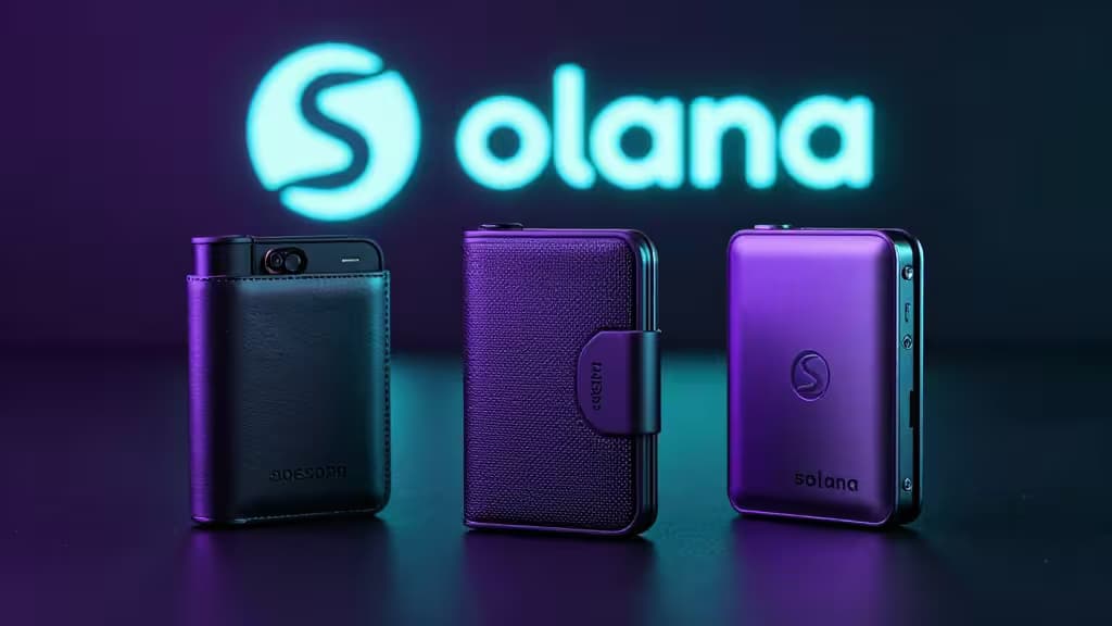 Three premium Solana hardware wallets in leather, mesh, and metal, glowing under a neon Solana logo.