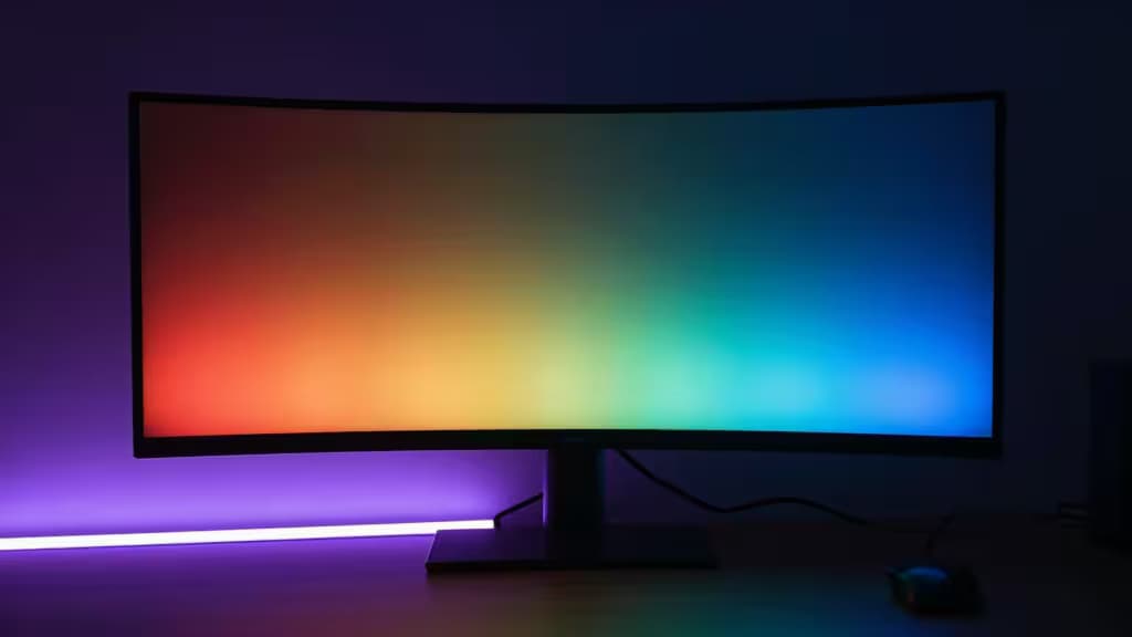 Un monitor curvo muestra un degradado vibrante, iluminado por una tira LED púrpura detrás, creando una atmósfera inmersiva de gaming.