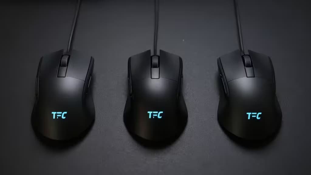 Three black TFC gaming mice with glowing logos, arranged symmetrically on dark textured surface.