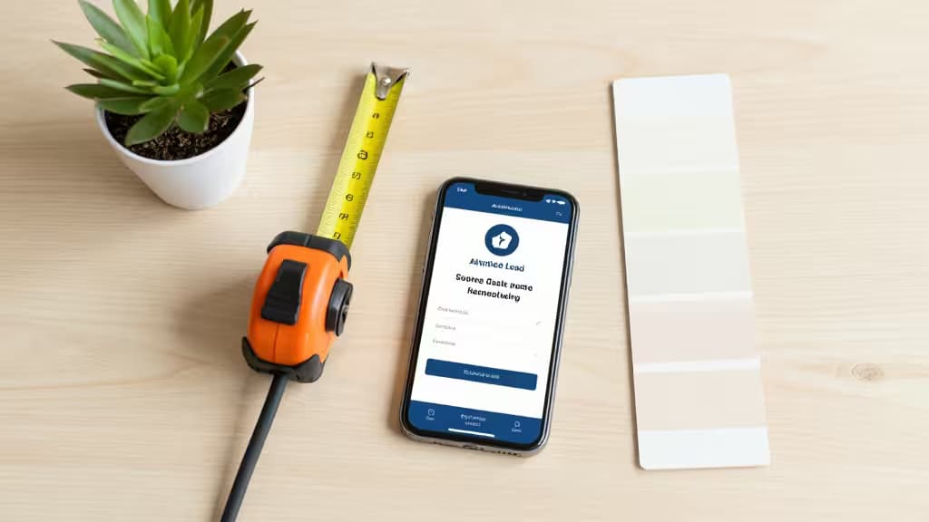 A smartphone displaying a loan app sits beside a tape measure and paint swatches on a wooden table.