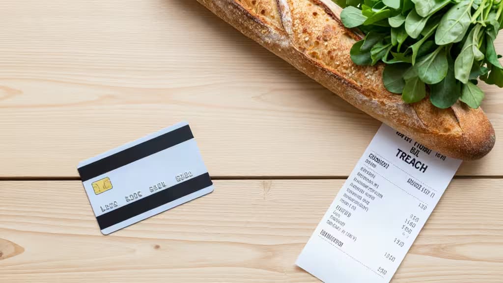 Une carte de crédit, une baguette et un ticket de caisse posés sur une table en bois, composition minimaliste pour un article sur les cartes de crédit pour les courses.