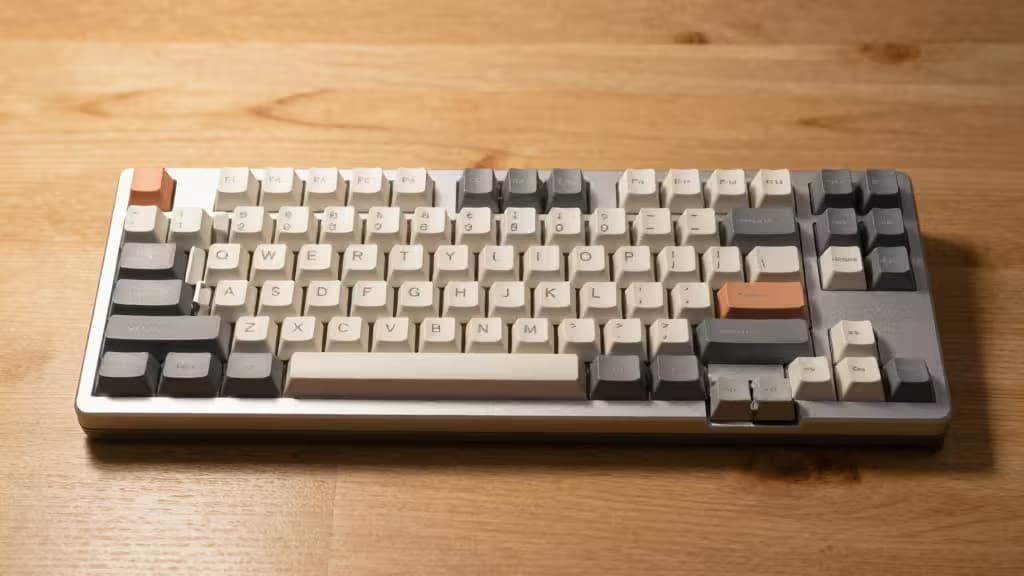 A compact mechanical keyboard with beige, grey, and orange keycaps rests on a light wood desk.