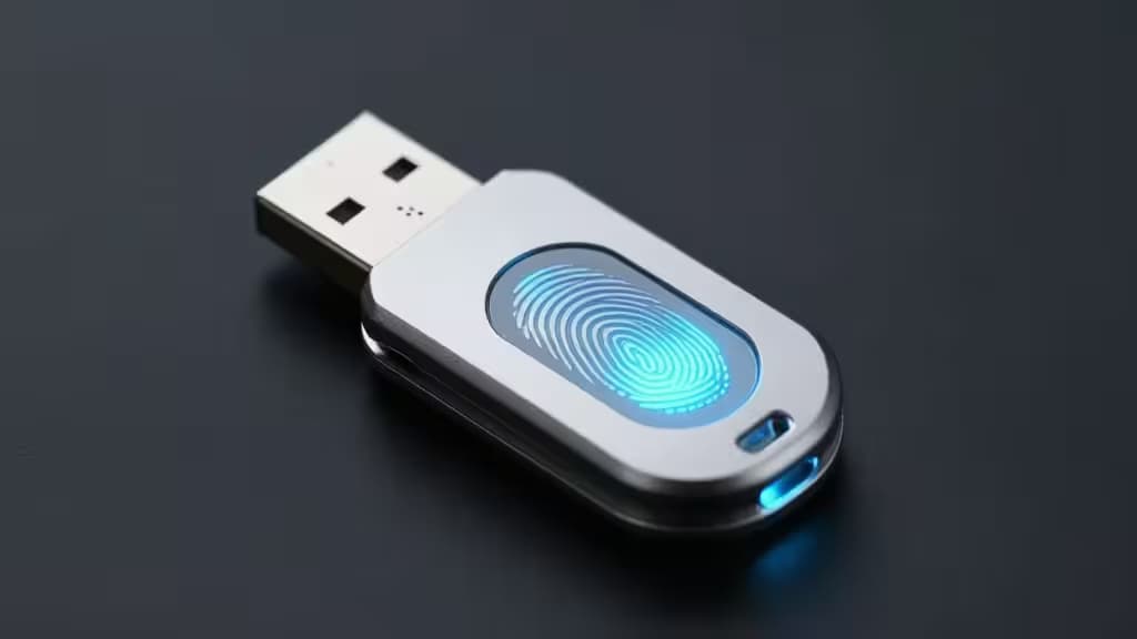 Ein biometrischer Sicherheitsschlüssel mit leuchtendem Fingerabdruck-Sensor auf dunklem Hintergrund