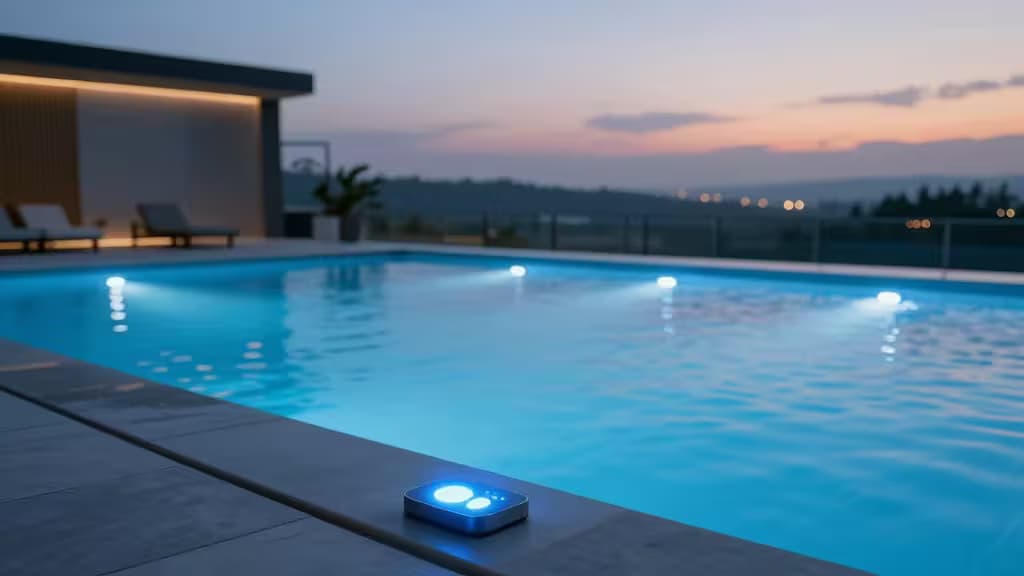 Ein leuchtender blauer Smart-Controller ruht am Steinrand des Pools und beleuchtet das ruhige Wasser in der Dämmerung.