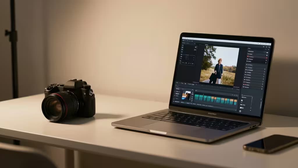 Fotografen-Arbeitsplatz mit Kamera, Laptop mit KI-Bildbearbeitungsoberfläche und warmem Studiolicht