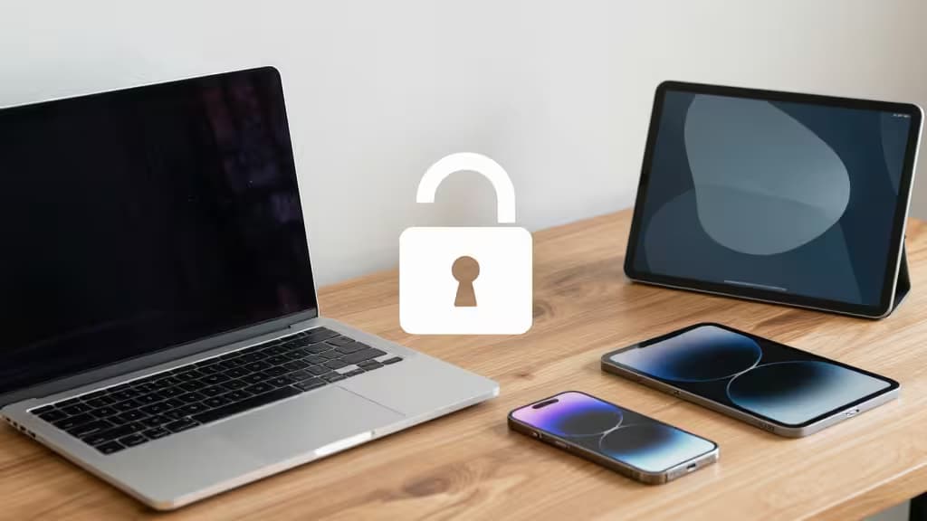 Silver MacBook, iPhone, and iPad on wood desk with white padlock icon centered.