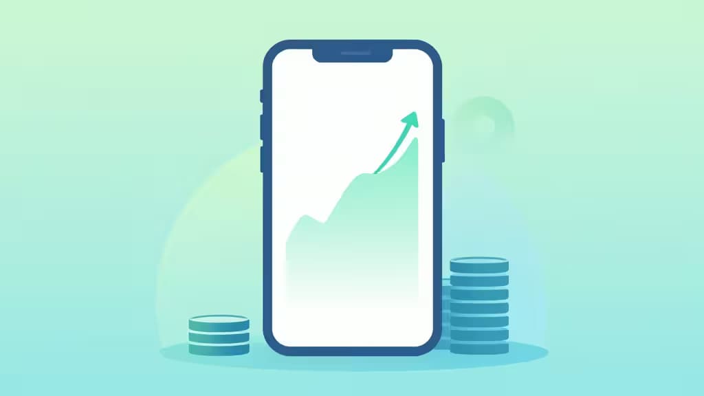 Un smartphone affiche un graphique financier en hausse, entouré de piles de pièces, symbolisant l'investissement automatisé accessible aux débutants.