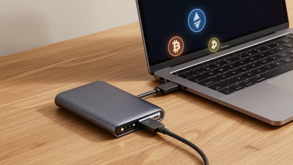 A sleek MacBook Pro displays crypto icons, connected to a metallic hardware wallet on a wooden desk.