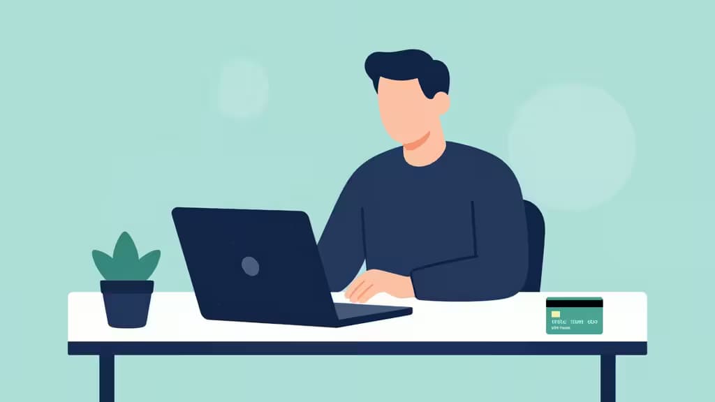 Flat-Illustration eines Mannes an einem weißen Schreibtisch mit Laptop, einer Zimmerpflanze und einer grünen Business-Debitkarte.