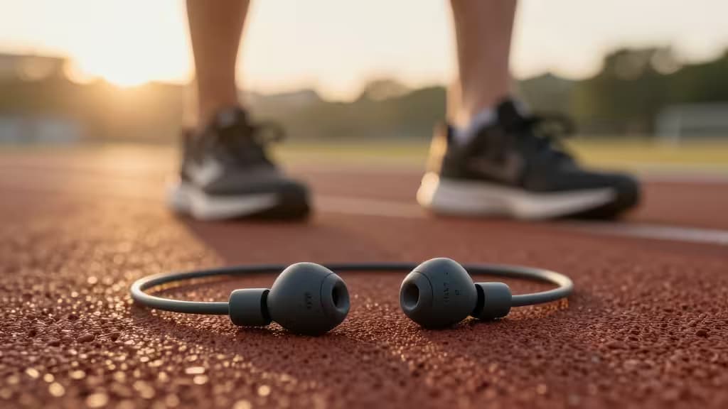 Grey wireless earbuds rest on a red running track, with blurred runner's feet in the background under warm dawn light.