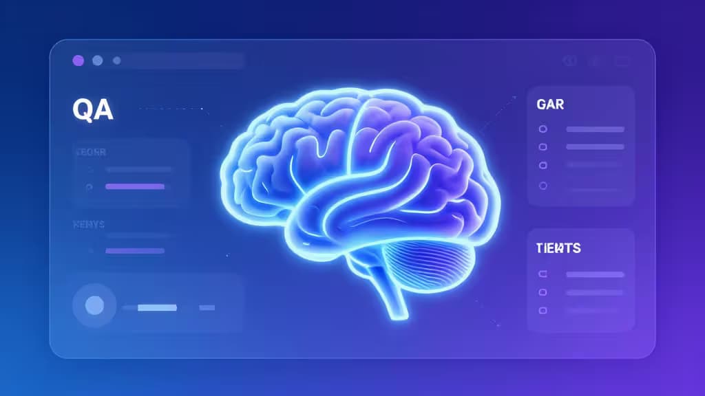 A glowing blue AI brain centered on a futuristic QA dashboard interface with data panels.
