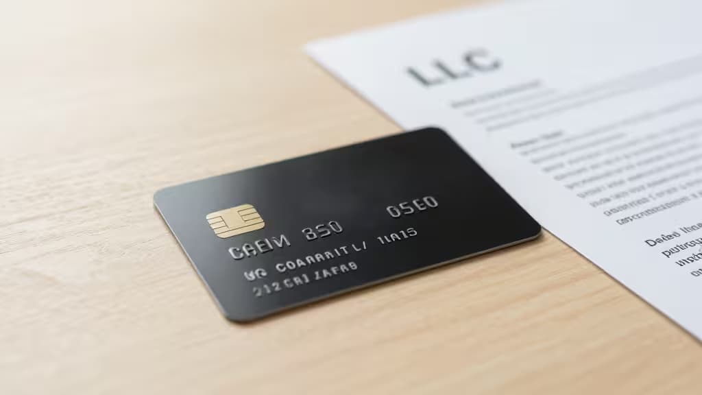 Um cartão de crédito preto sobre uma mesa de madeira ao lado de documentos de abertura de LLC.