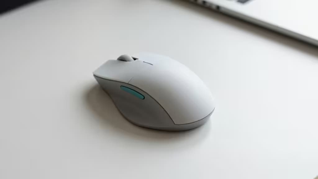 Verticale ergonomische computermuis op een minimalistisch bureau, gefotogreerd in zacht natuurlijk licht