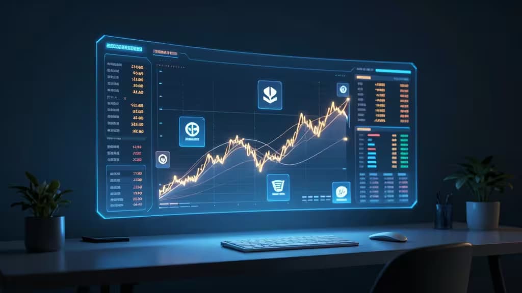 Ein moderner Schreibtisch mit einem leuchtenden holografischen Dashboard, das Echtzeit-Wettbewerbsdaten und KI-Analysen anzeigt.