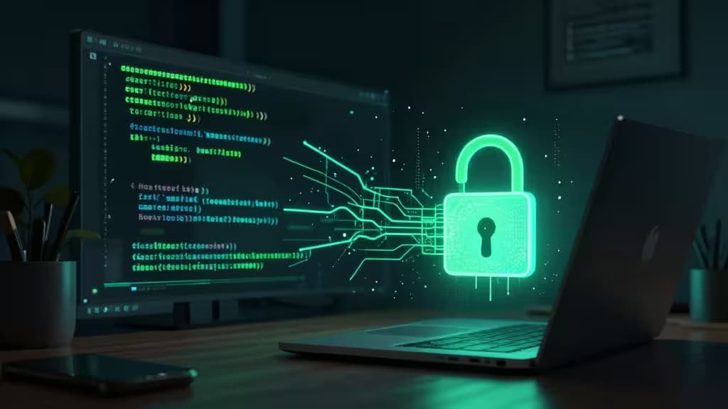 Glowing green padlock hovers above a laptop, connected by circuit lines to a monitor displaying code.