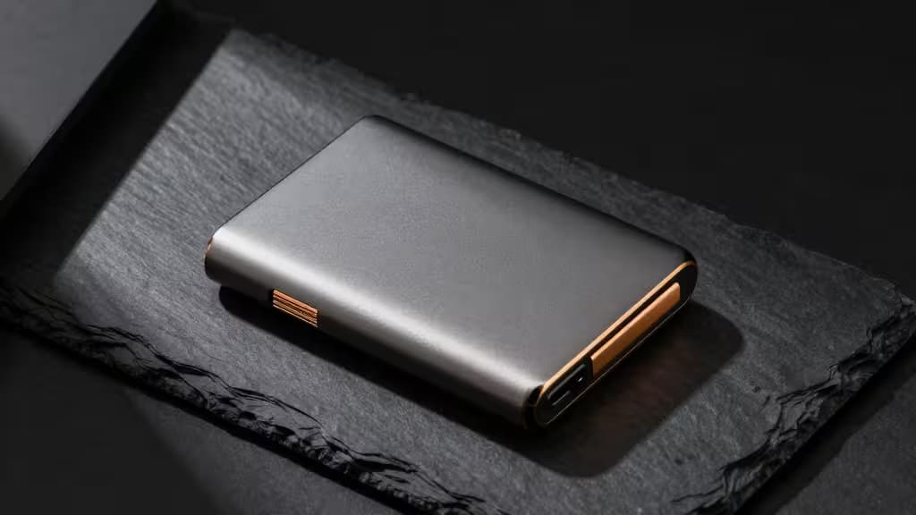 Sleek metallic wallet with gold accents rests on dark slate, symbolizing secure Bitcoin storage.