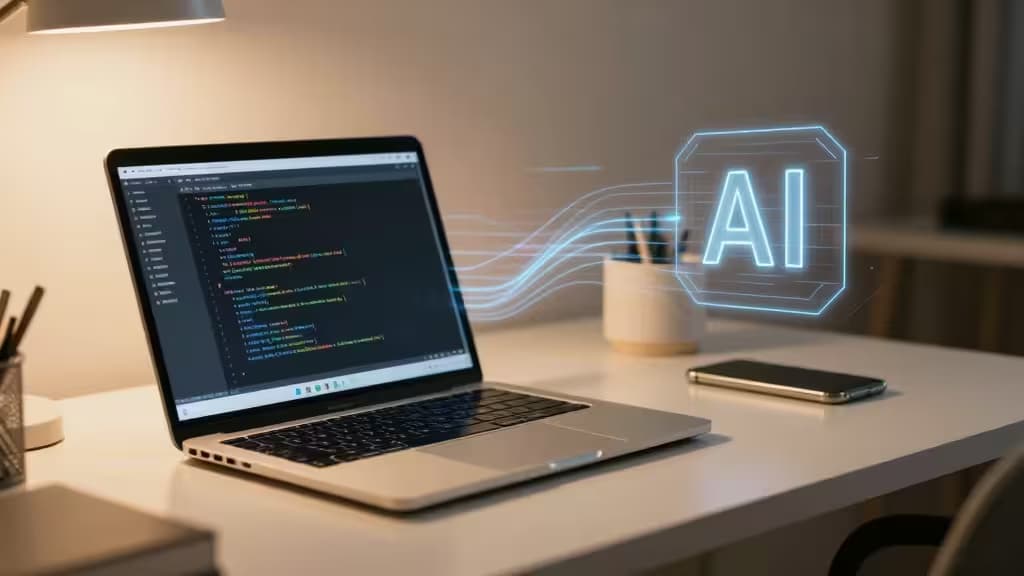 Laptop displays code, glowing AI hologram hovers beside it on minimalist desk.