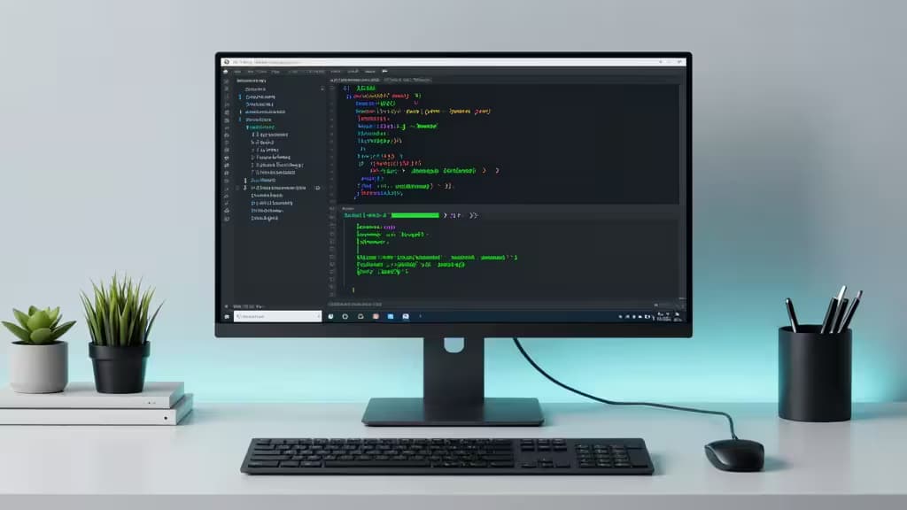 Um monitor elegante exibe código TypeScript com métricas de cobertura em verde, ladeado por plantas e canetas sobre uma mesa minimalista.