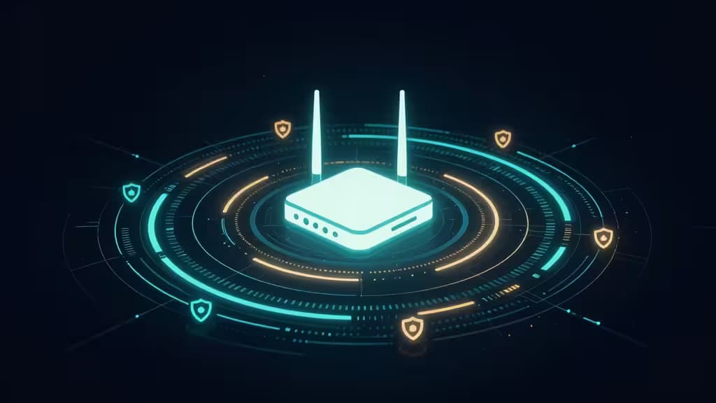 Routeur lumineux avec antennes au centre d'anneaux de sécurité et d'icônes de bouclier, symbolisant la protection réseau VPN pour la maison ou l'entreprise.