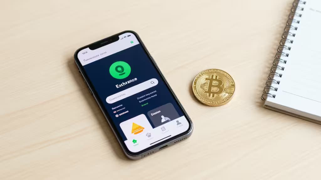 Smartphone displays crypto exchange app beside physical Bitcoin coin on wooden desk.