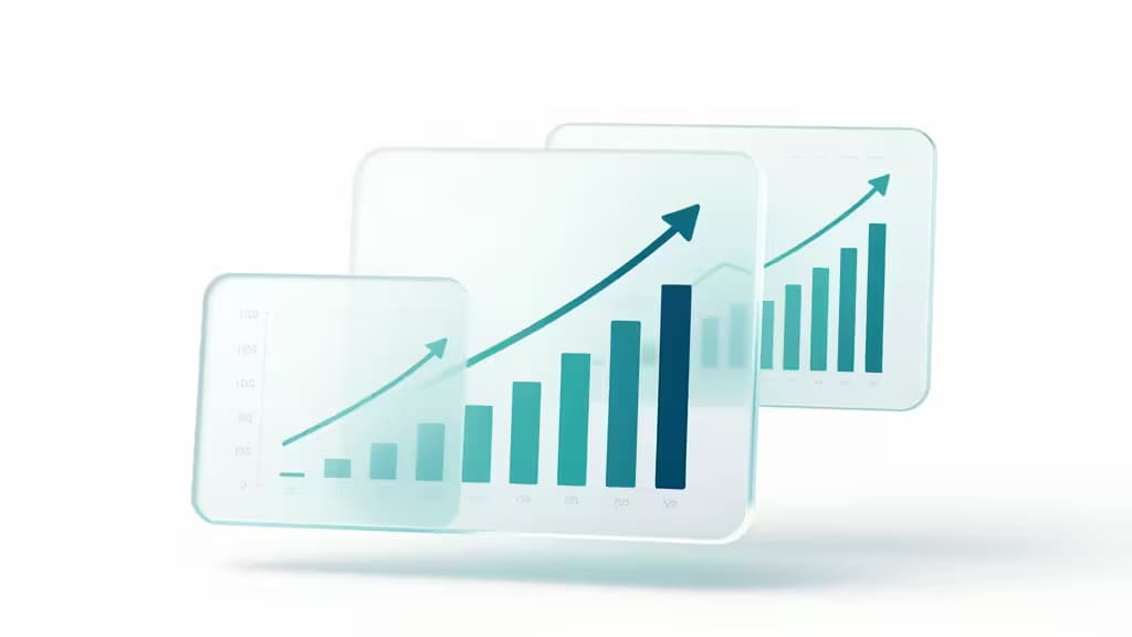 Abstract financial dashboard with floating glass cards showing upward trend lines and bar charts in teal and navy blue tones, representing net worth growth across multiple accounts.