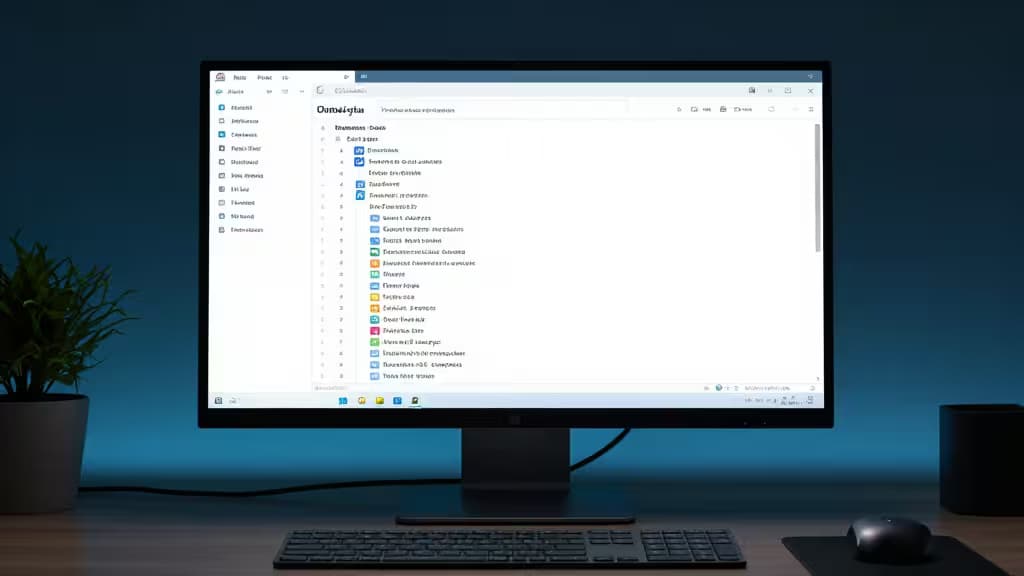 Ein moderner Monitor zeigt eine Datei-Explorer-Oberfläche, flankiert von einer Topfpflanze und einer Maus auf einem minimalistischen Schreibtisch.