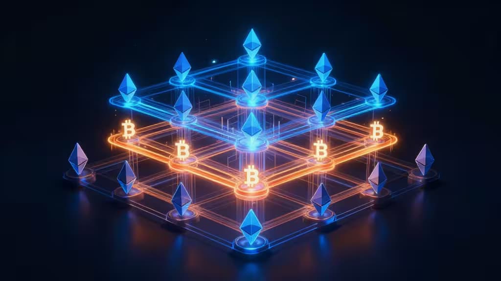 Светящиеся узлы Ethereum и Bitcoin соединяются через многослойные полупрозрачные сетки на тёмном фоне.
