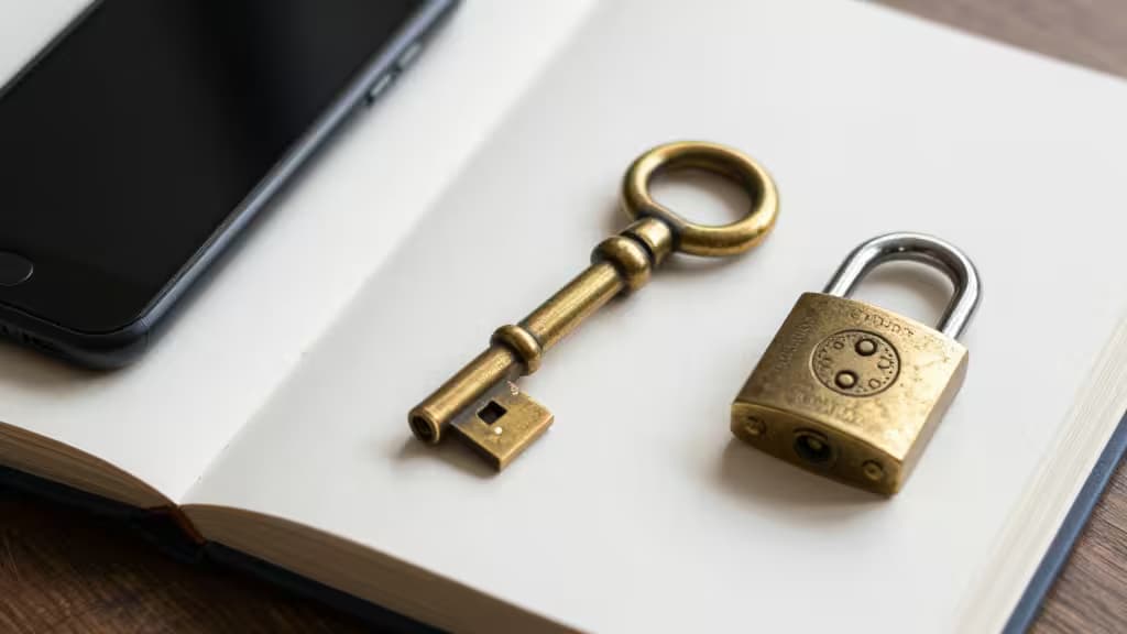 An antique brass key and padlock rest on an open notebook beside a smartphone.