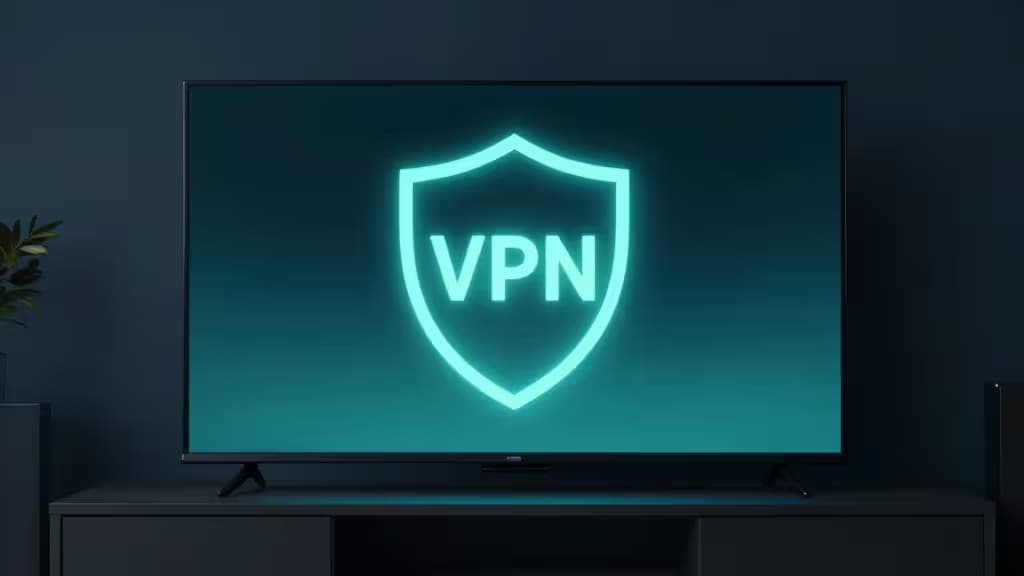 A glowing teal VPN shield icon illuminates a flat-screen TV resting on a dark media console in a dimly lit room.