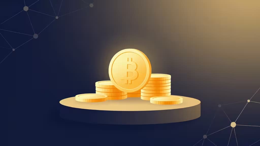 Glowing gold Bitcoin coins stack on a pedestal, surrounded by blockchain nodes, symbolizing high-reward crypto staking.