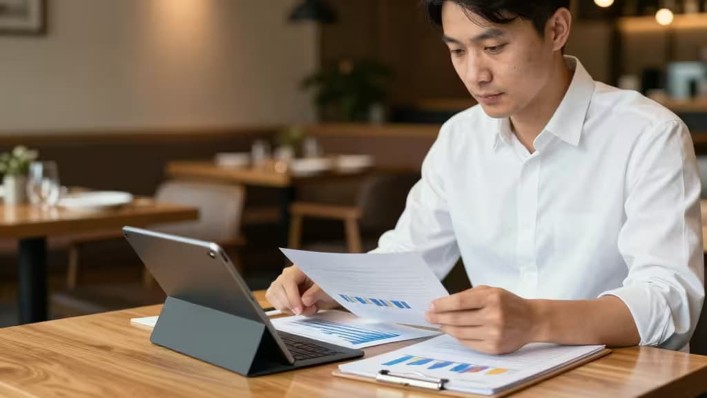 A man in a white shirt reviews financial charts on a tablet and paper at a warm, professional restaurant table.