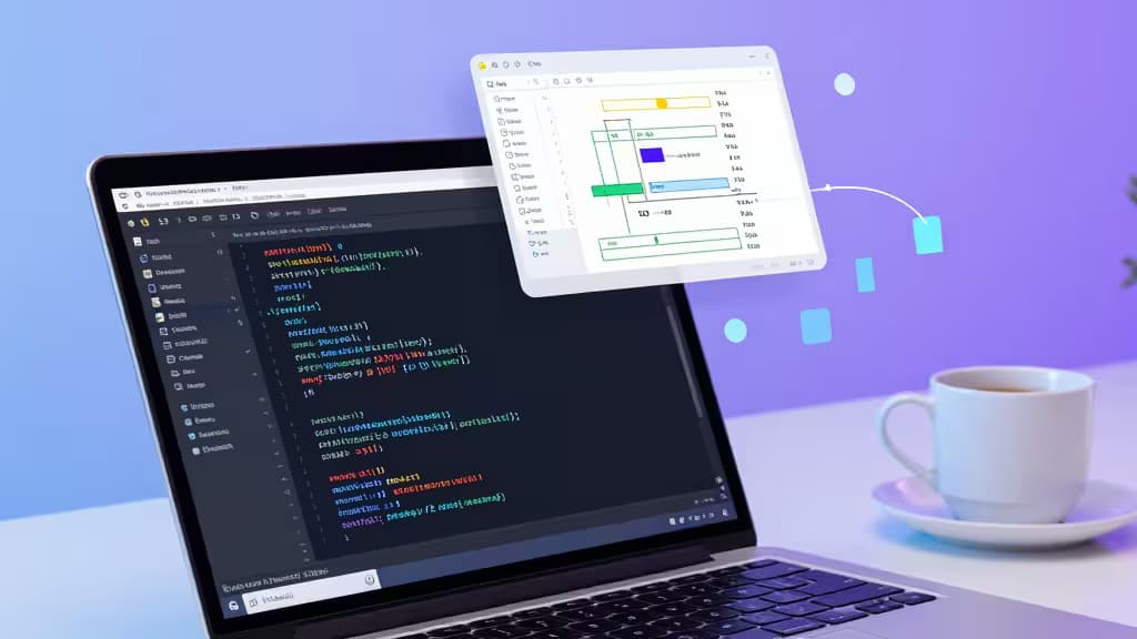 Laptop displays code editor with floating database schema diagram, coffee cup beside it.