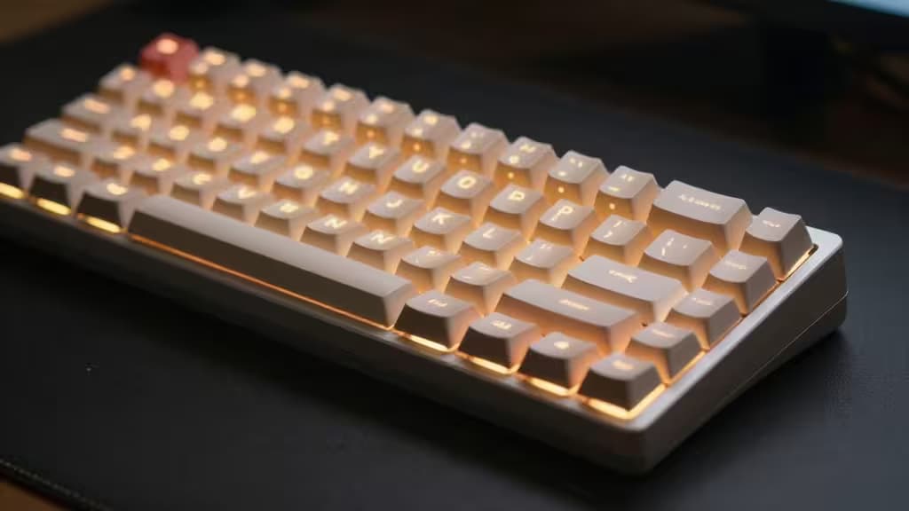 A tenkeyless mechanical keyboard with warm backlighting rests on a dark desk.