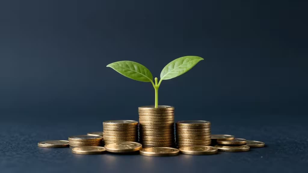 Abstract voorstelling van een groene plant die groeit uit een stapel gouden munten, symboliserend de groei van zakelijk spaargeld tegen een donkerblauwe achtergrond.