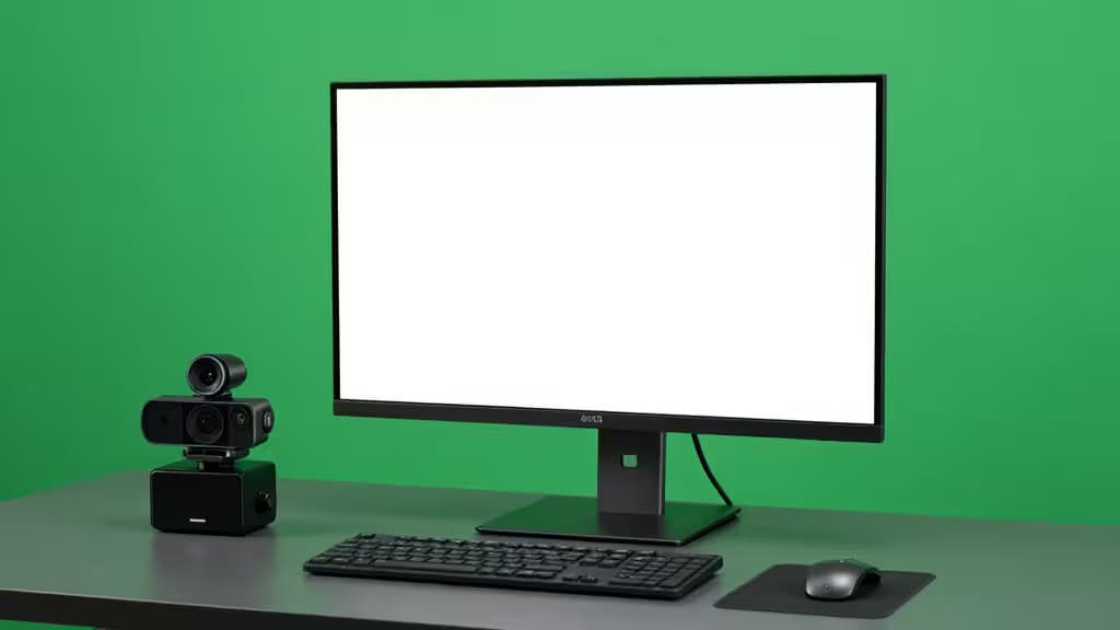 Zwarte webcam op een bureau naast een monitor, toetsenbord en muis, met een groene chromakey-achtergrond.